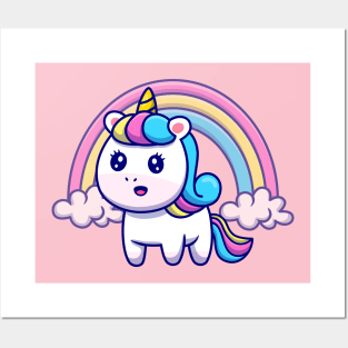 Cute Unicorn With Rainbow Cartoon Posters and Art